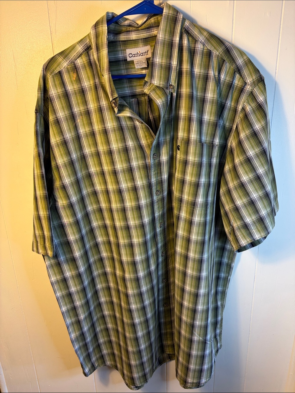 Carhartt Mens 2XL Short Sleeve Green Plaid Button Down Casual Work Shirt